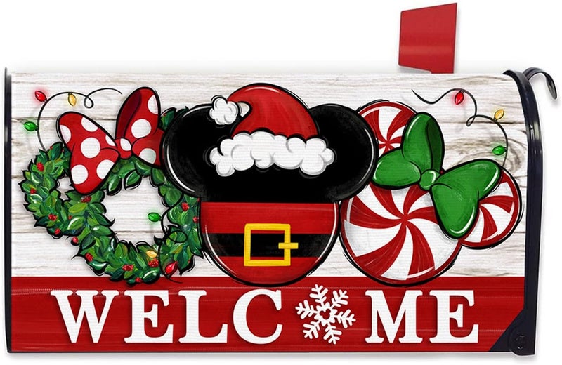 FBCOO Welcome Christmas Santa Mailbox Cover Magnetic Standard Size 20.5" x 18", Xmas Peppermint Candy Wreath Decorative Post Letter Box Decor, Farmhouse Holiday Garden Yard Outdoor Decoration - Image 1